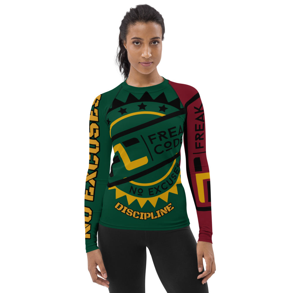 Women's Rash Guard - Green/ Burgundy ( DISCIPLINE/RESILIENCE